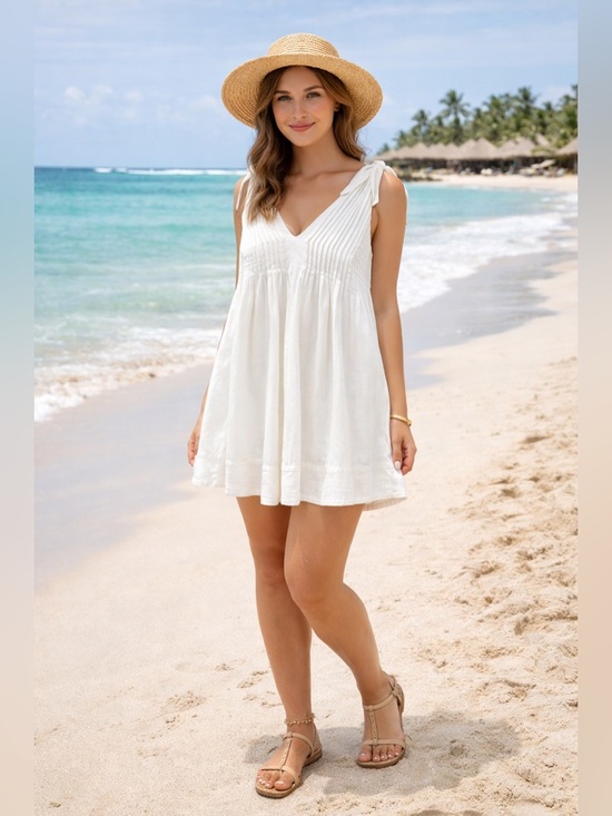 Whishlist Apparel Dresses & Skirts - White Cotton V-Neck Tie-Shoulder Mini Dress / Swim Cover Size Large